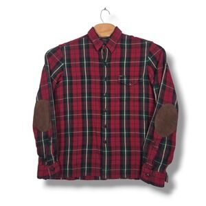 Polo Ralph Lauren Flannel Shirt Mens Large Red Plaid Suede Elbow Patches Classic